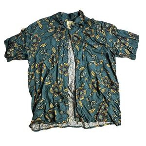 Morro Bay Mens Large Teal Tropical Floral Viscose Rayon Short Sleeve Shirt